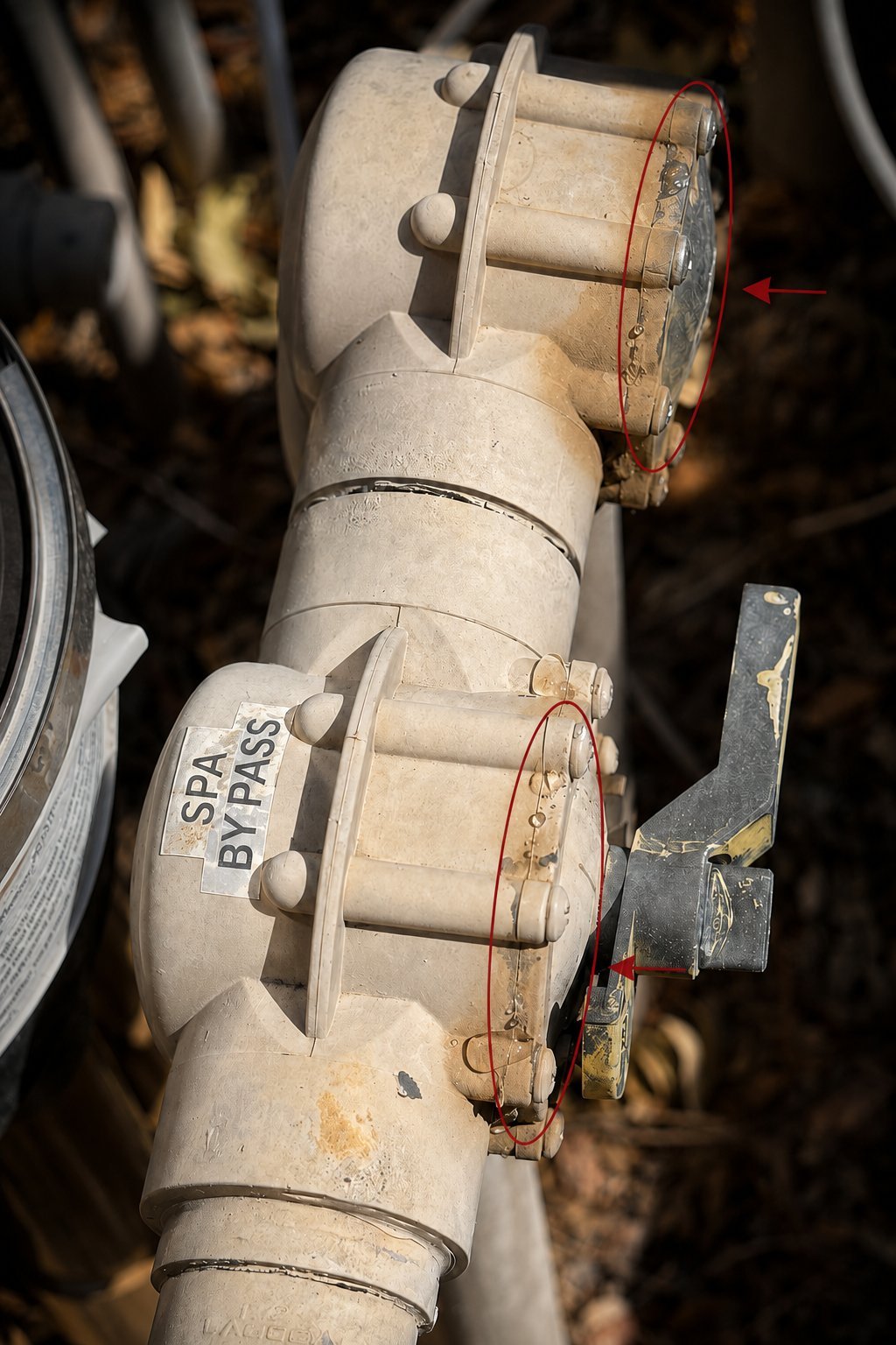 Close-up of stacked plumbing valves and pipes with SPA BYPASS label, showing corroded metal connections and fittings.